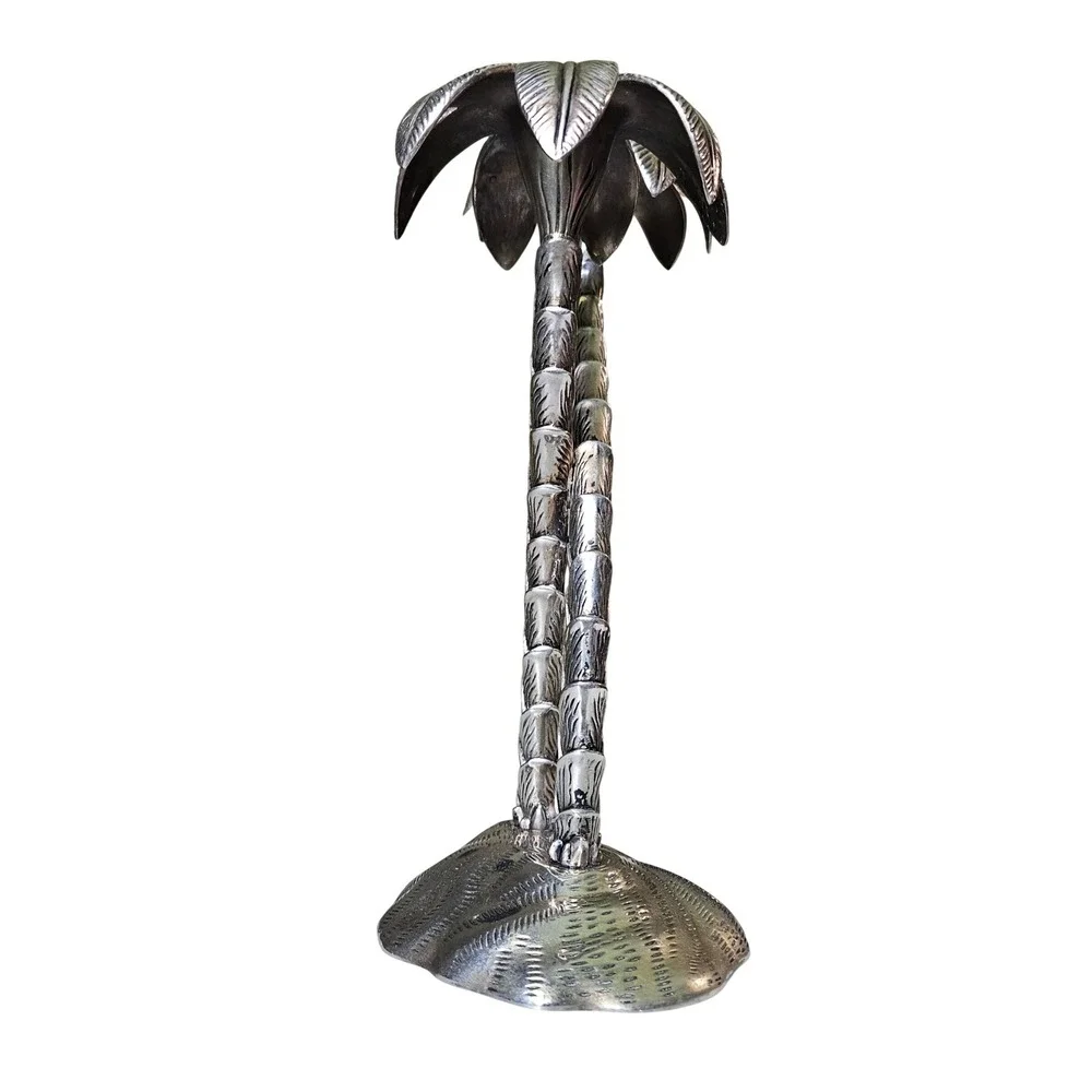Vintage Silver‑Plated‎ Brass Palm Tree Candlestick Holder Tropical Decor